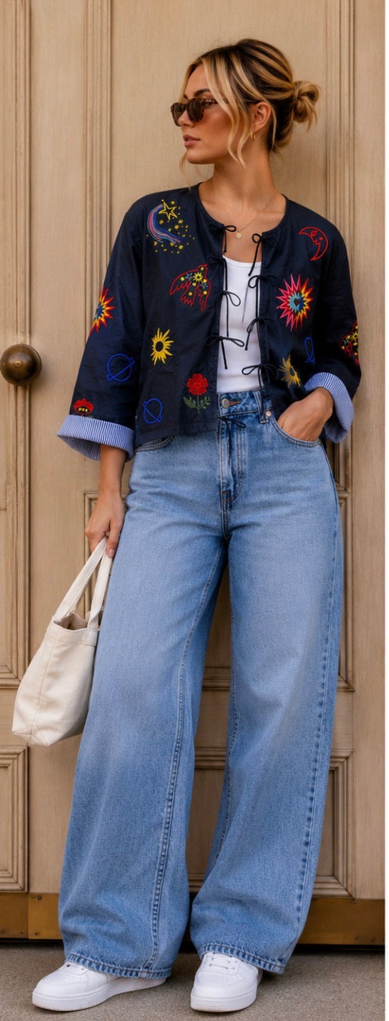 Sophie Kimono Style Lightly Padded Jacket - Navy.