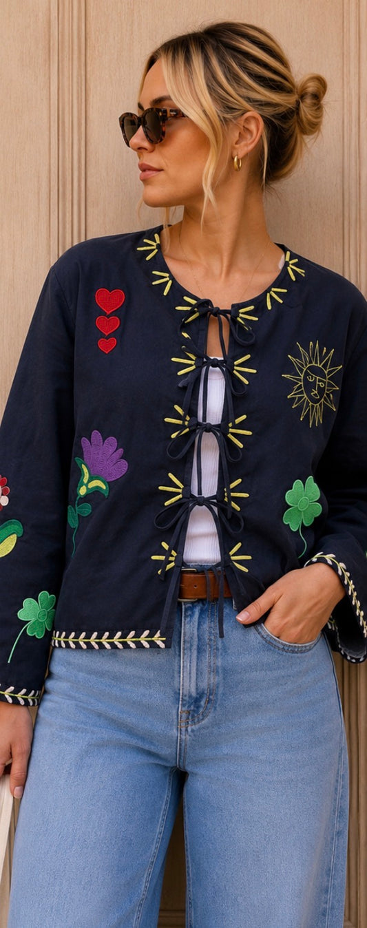 Sophie Open Front Top with Toggle Ties - Navy.