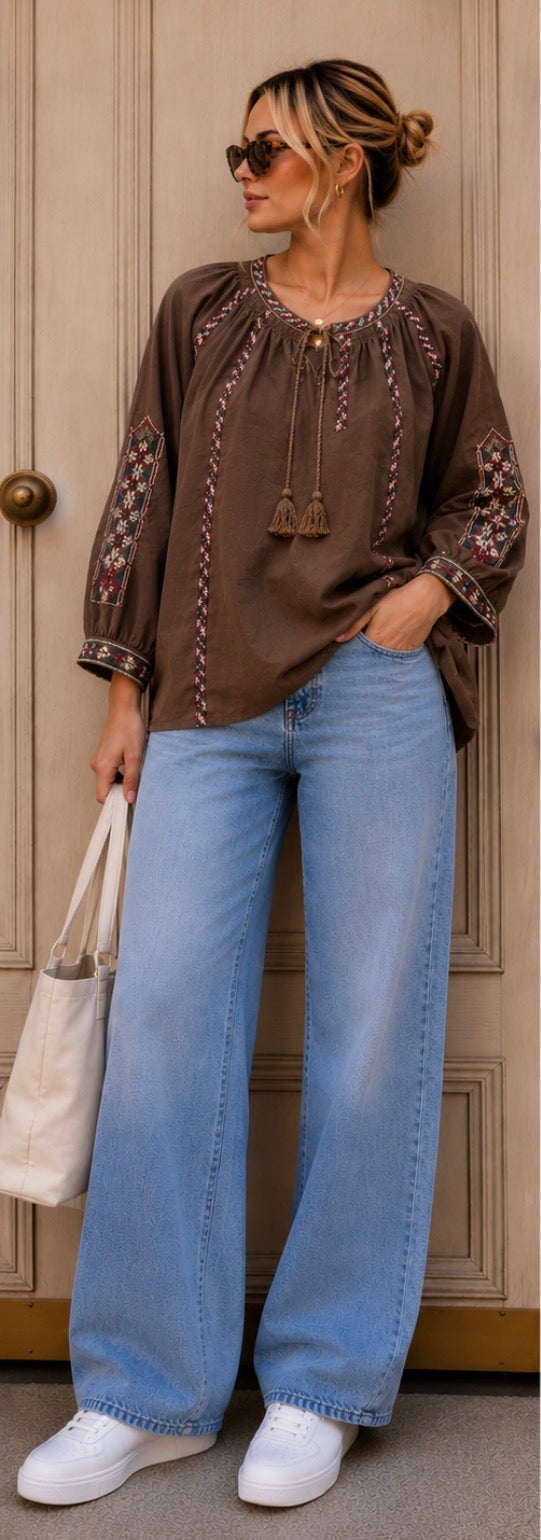 Sophie Brown Tunic Style Top with Embroidery