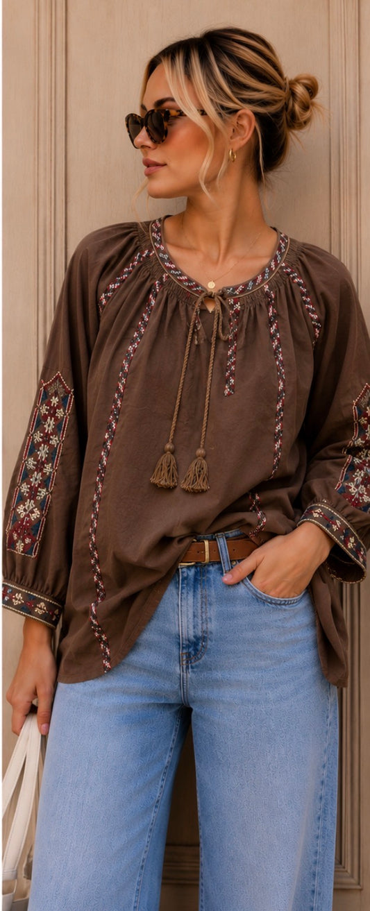 Sophie Brown Tunic Style Top with Embroidery