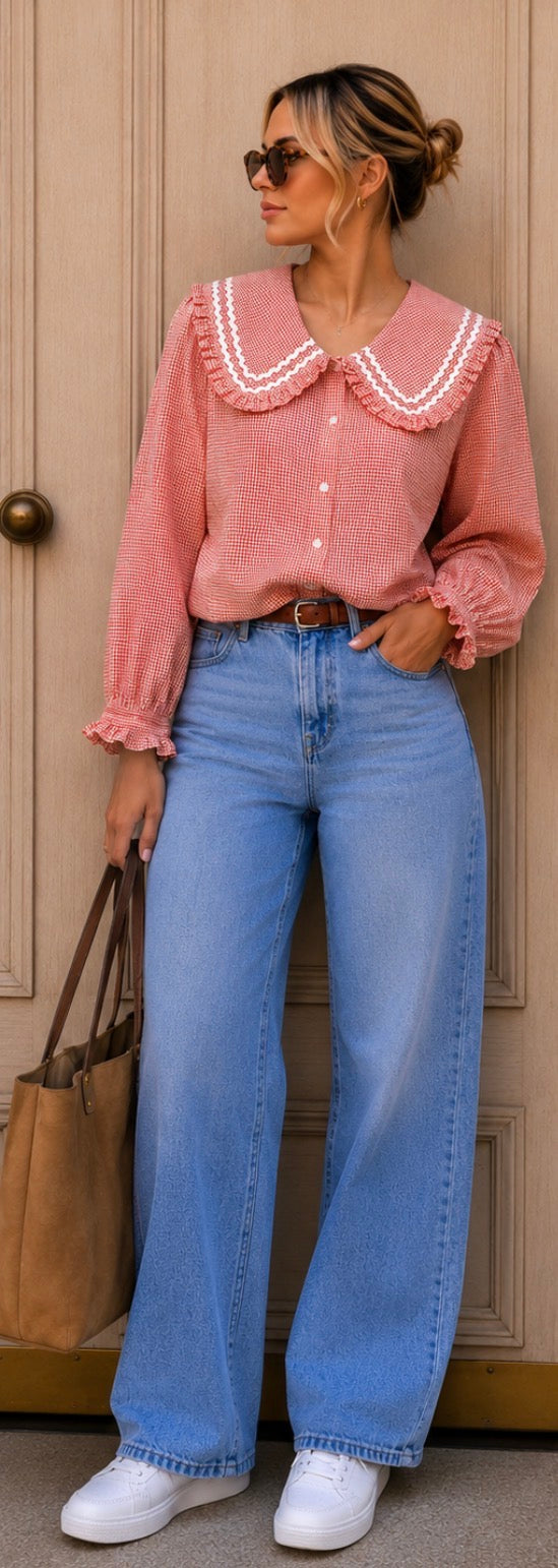 Sophie - Red Gingham Oversized Collar Blouse