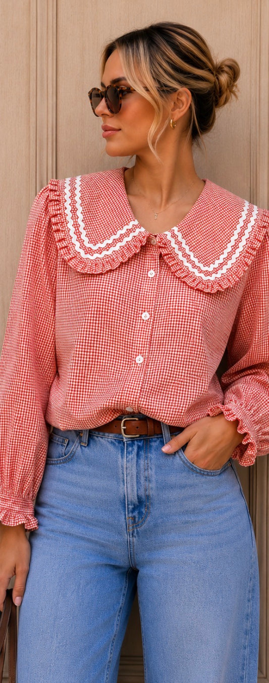 Sophie - Red Gingham Oversized Collar Blouse