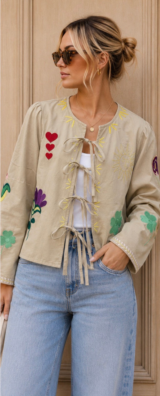 Sophie Open Front Top with Toggle Tie - Beige