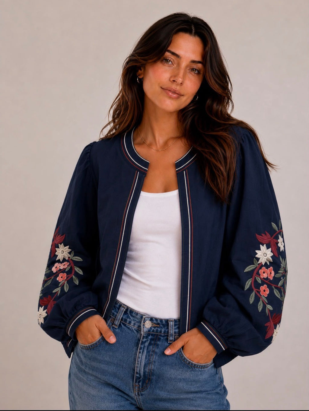 Kyla Edge to Edge Jacket with Embroidery Detail - Navy