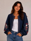 Kyla Edge to Edge Jacket with Embroidery Detail - Navy