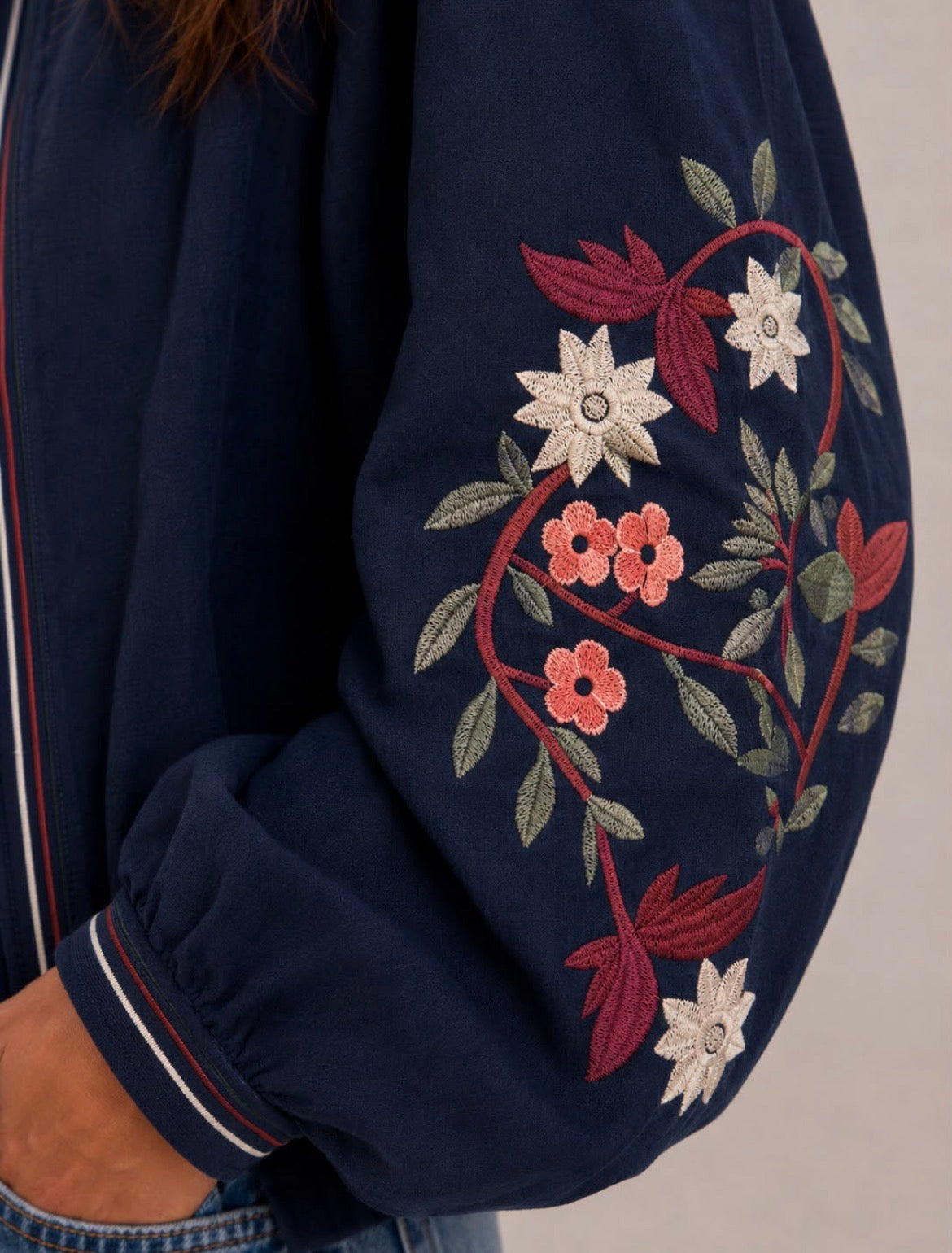 Kyla Edge to Edge Jacket with Embroidery Detail - Navy