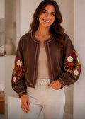 Kyla Edge to Edge Jacket with Embroidery Detail - Brown.