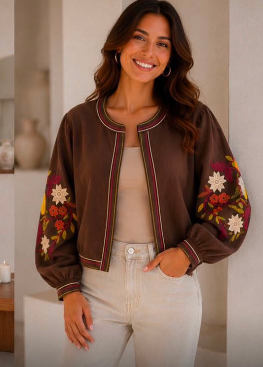 Kyla Edge to Edge Jacket with Embroidery Detail - Brown.