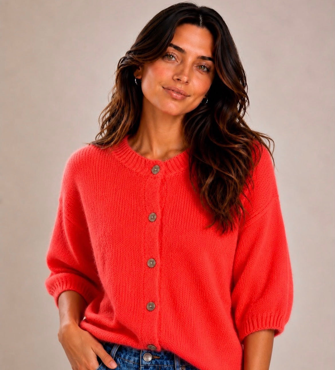 Kyla Kid Mohair Knit 3/4 Length Sleeve - Coral