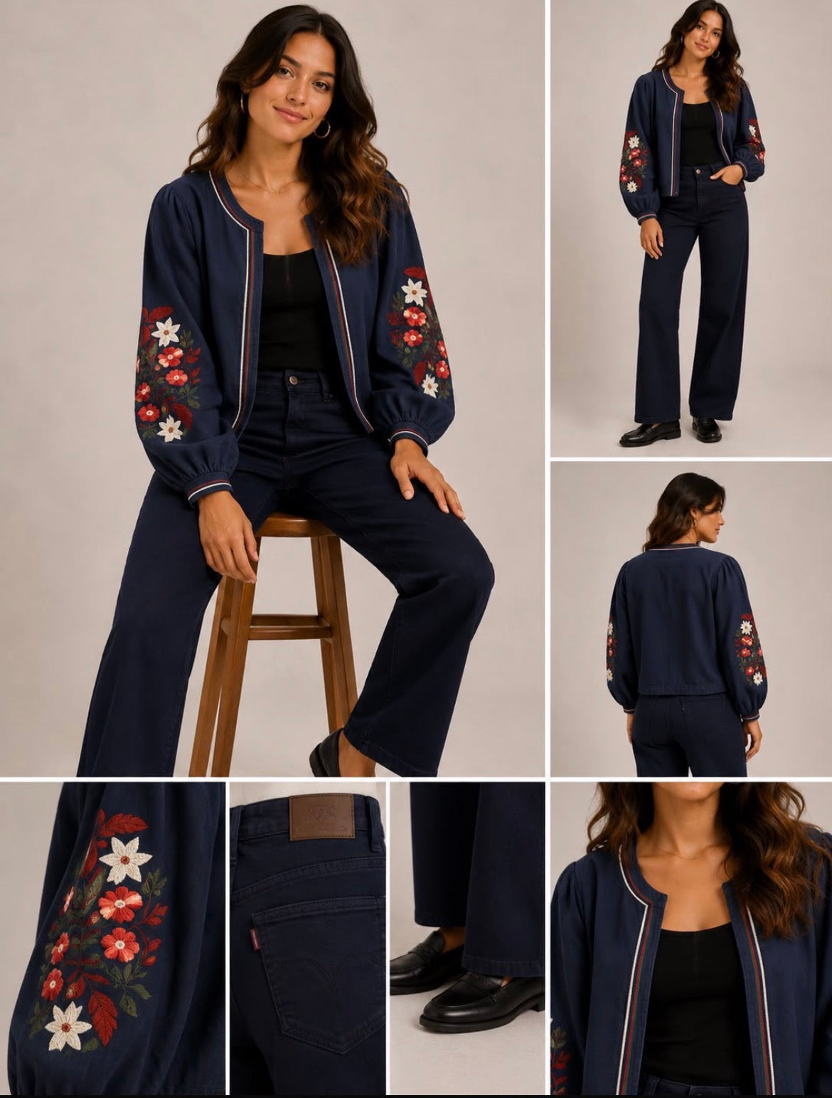 Kyla Edge to Edge Jacket with Embroidery Detail - Navy