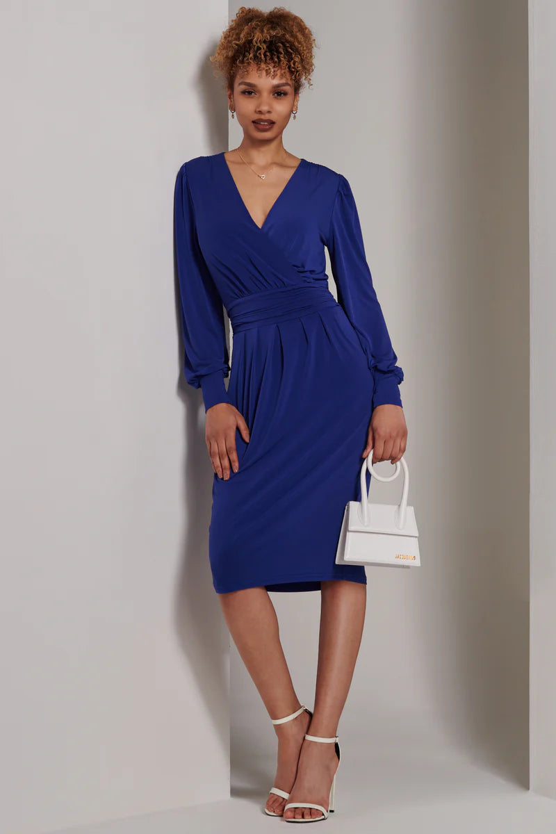 Jolie Moi Kinslee Long Sleeve Pegged Dress-Royal Blue