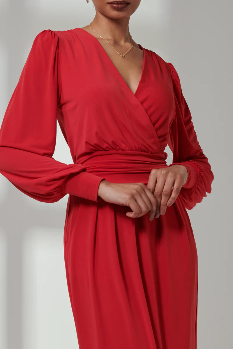 Jolie Moi Kinslee Long Sleeve Pegged Dress-Scarlet Red