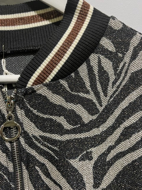 Kyla Zebra Print Sequins Bomber Jacket with Cuff/Collar detail