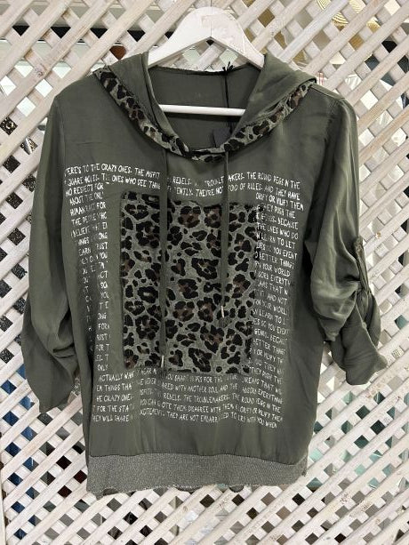 Kyla Long Sleeve Top with Leopard Print & Hood Khaki