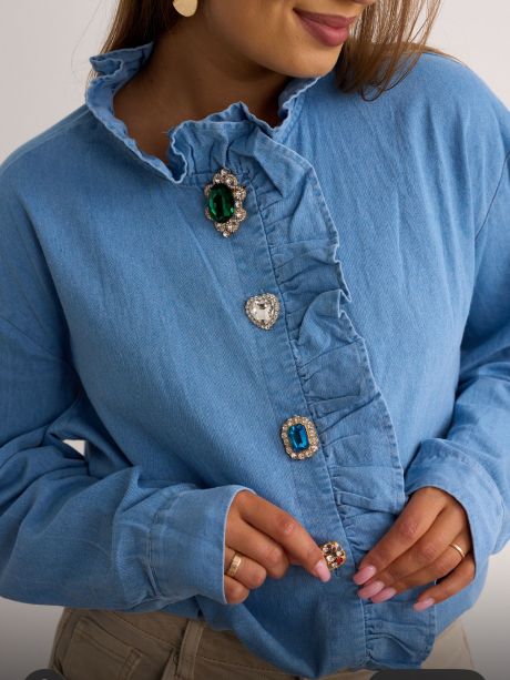 Kyla Denim Shirt with Diamonte Buttons
