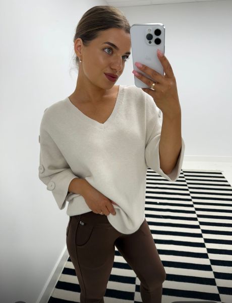 Kyla Knit with Half sleeve & Buttons on the shoulder Beige