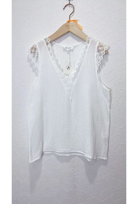 V neck top with lace detail White