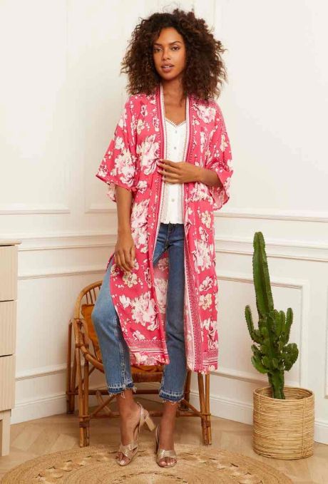 Kimono with belt & side Slits Fuchsia