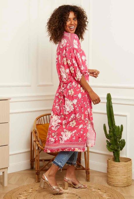 Kimono with belt & side Slits Fuchsia