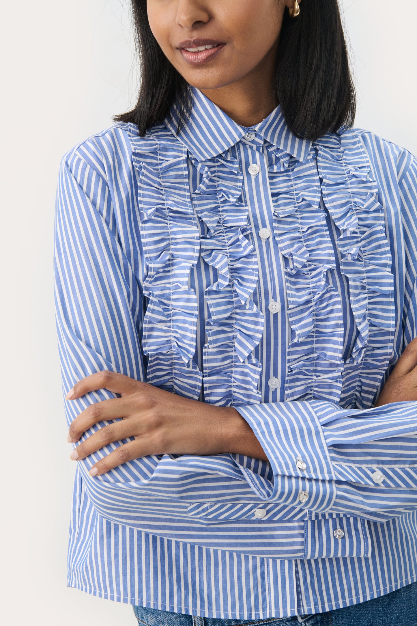 Part Two Pranvera Shirt - Blue & White Stripe with Frill