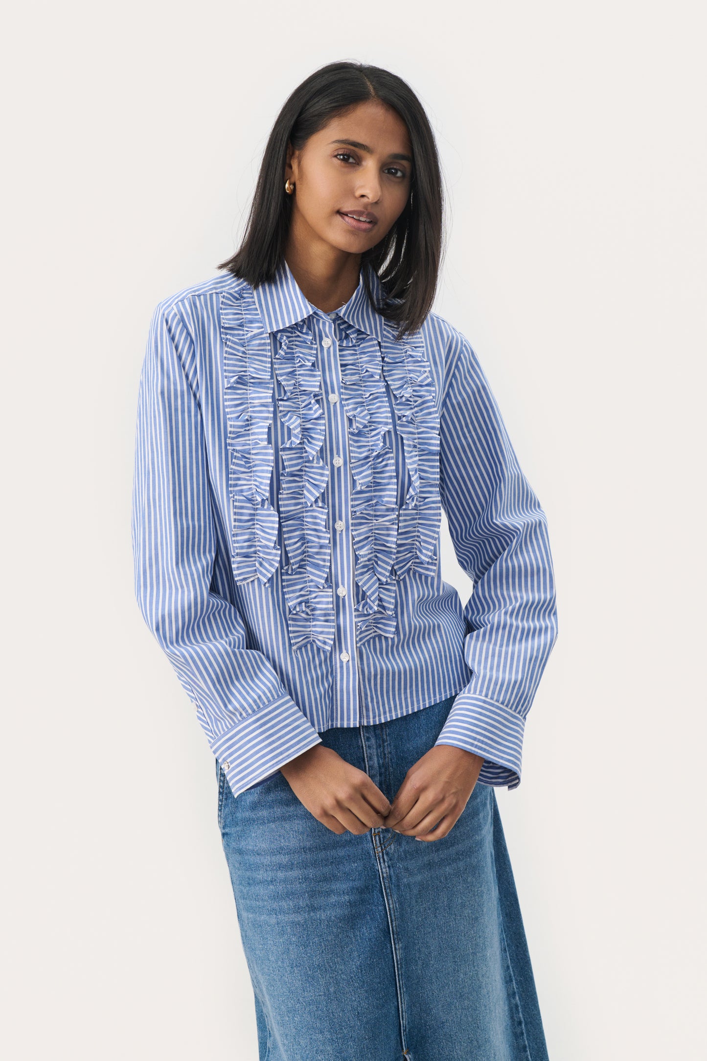 Part Two Pranvera Shirt - Blue & White Stripe with Frill