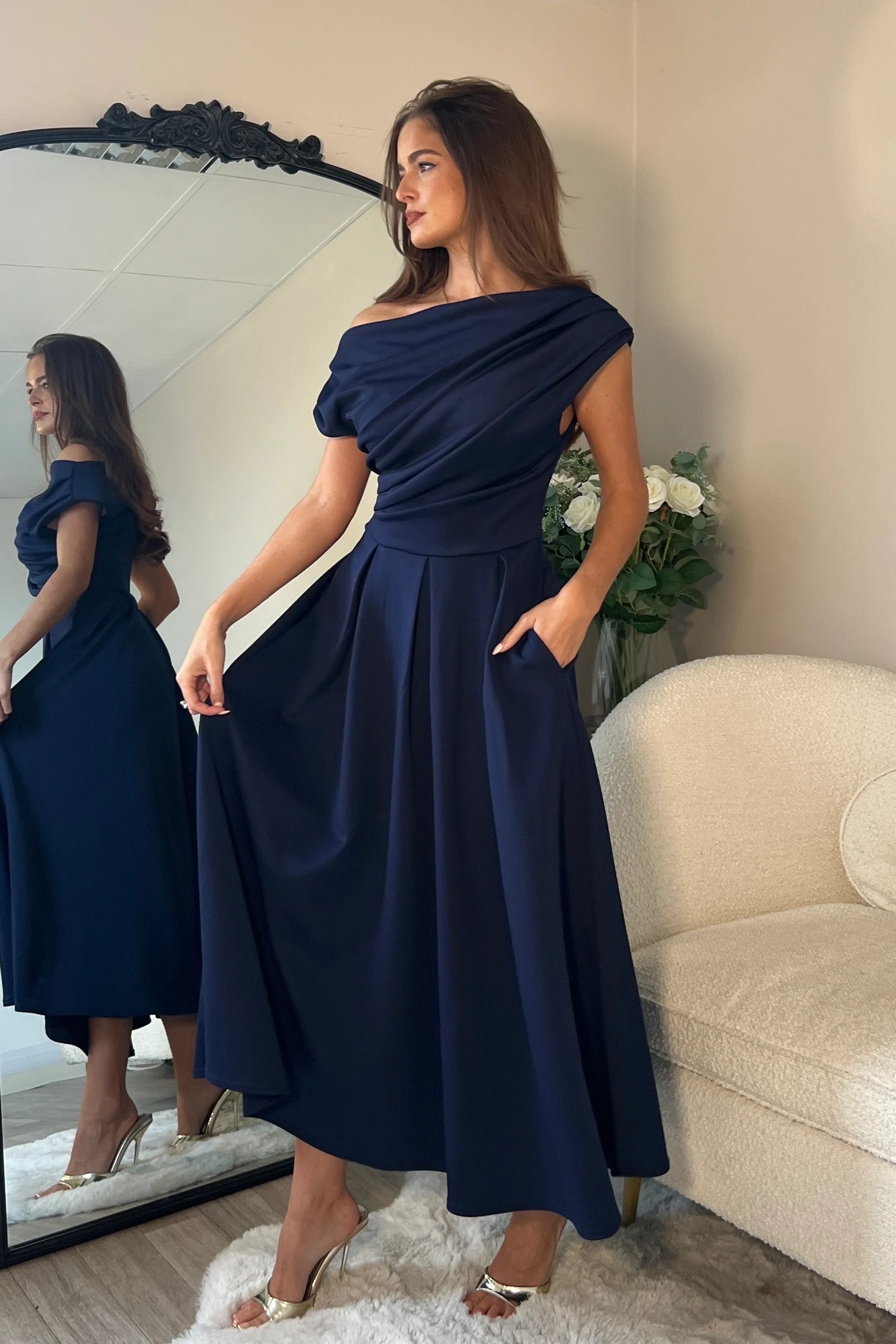 Girl in Mind Betty Asymmetric Neckline Skater Midi Navy.