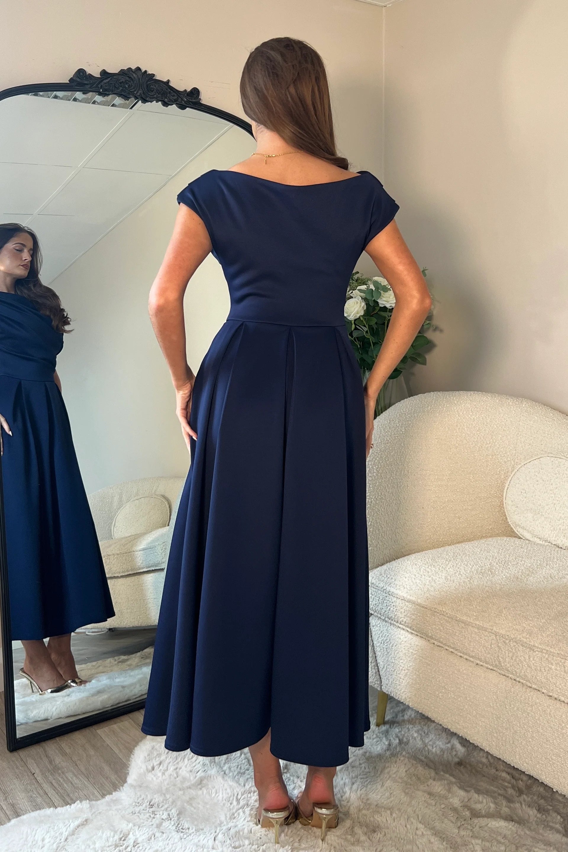 Girl in Mind Betty Asymmetric Neckline Skater Midi Navy.