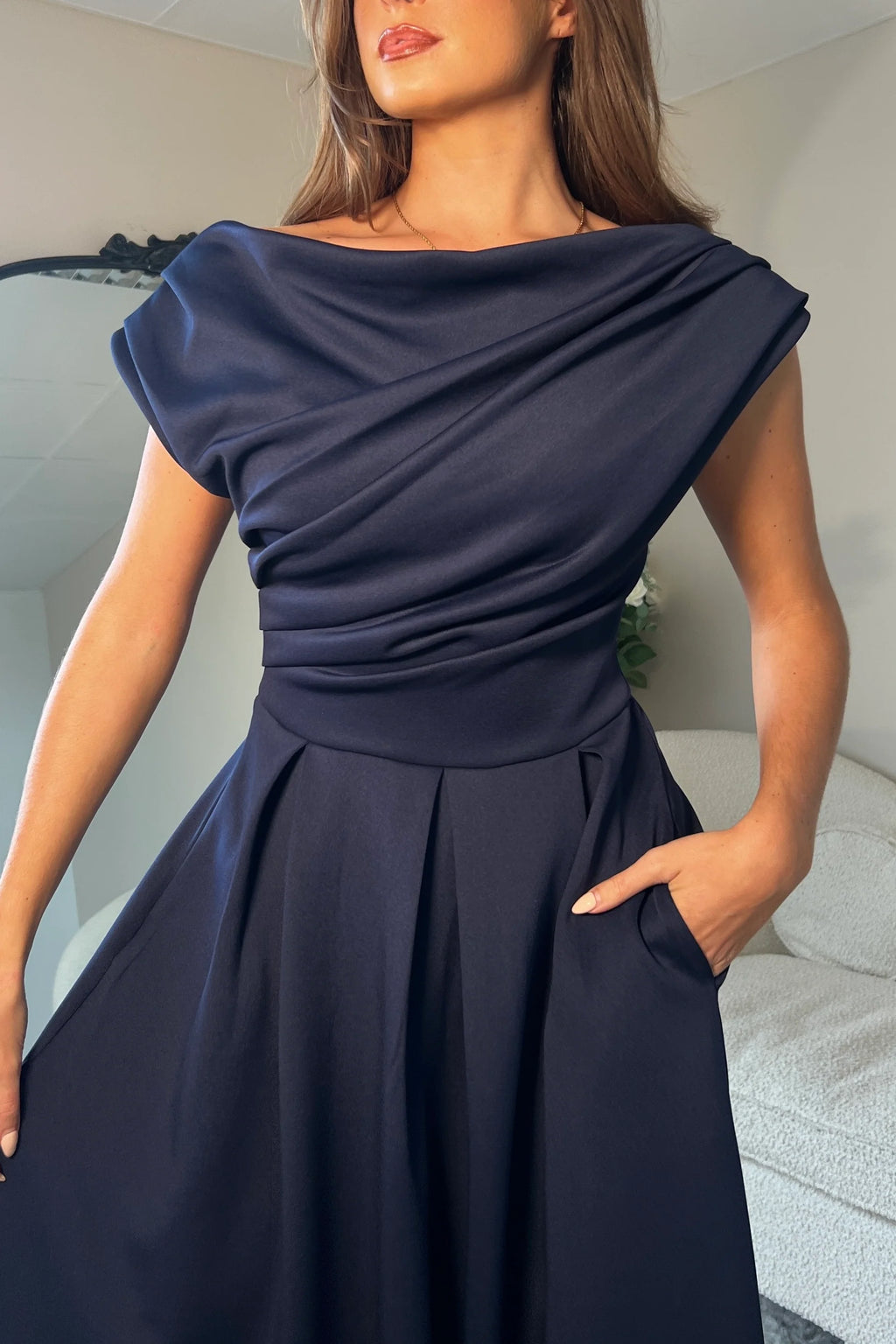 Girl in Mind Betty Asymmetric Neckline Skater Midi Navy.