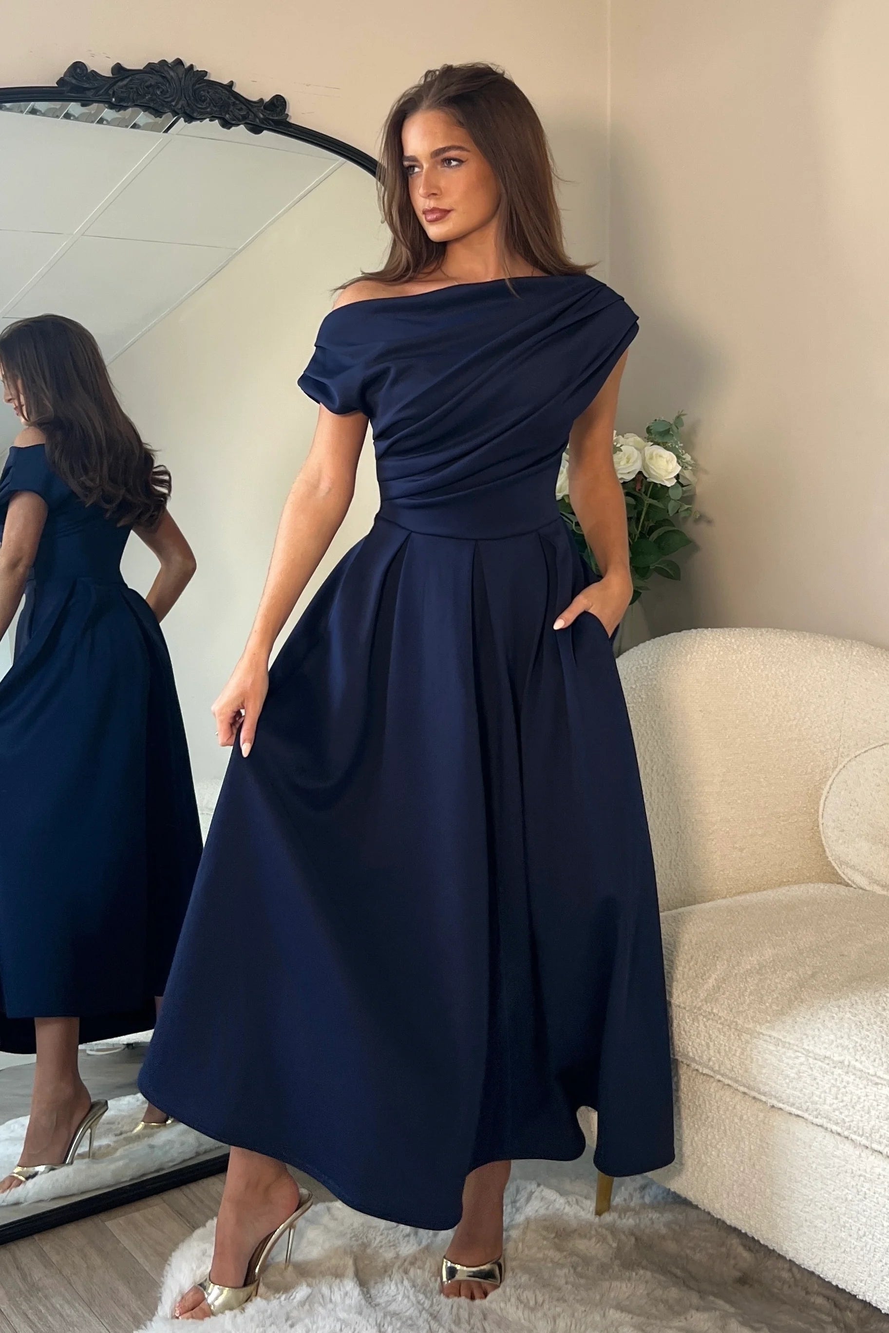 Girl in Mind Betty Asymmetric Neckline Skater Midi Navy.