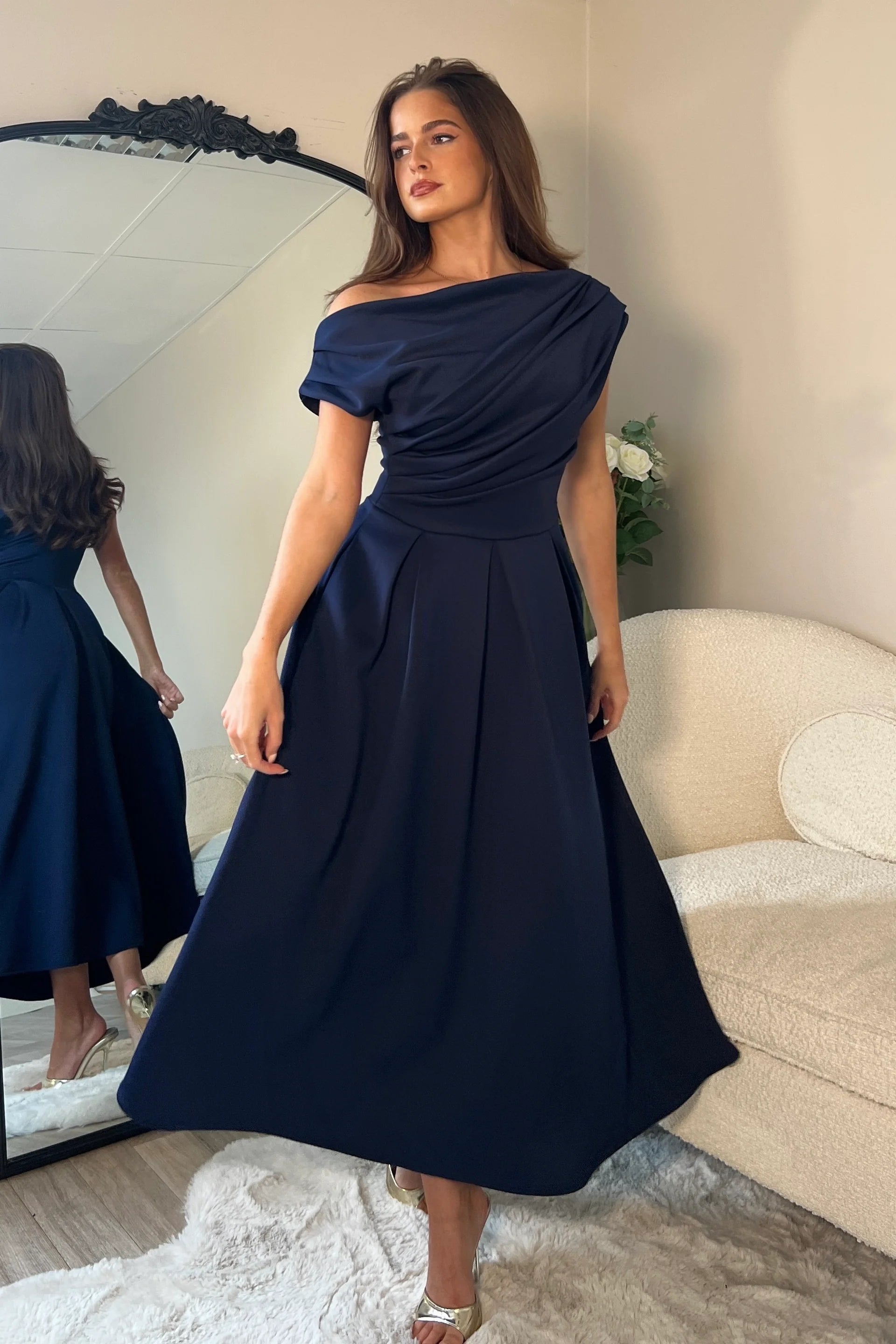 Girl in Mind Betty Asymmetric Neckline Skater Midi Navy. – Boutique Katie  Fitz