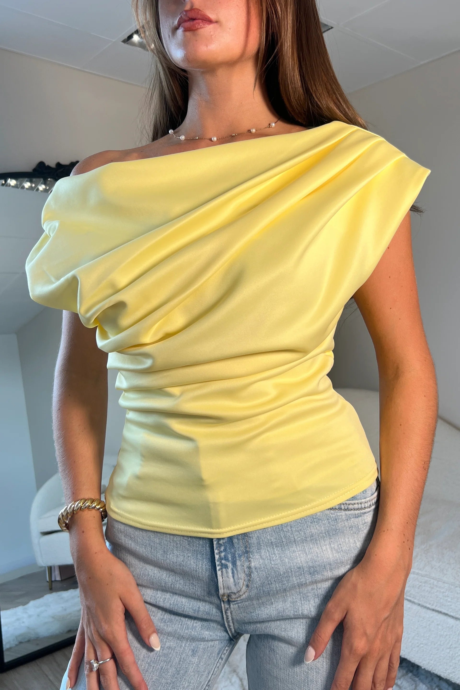 Girl in Mind Donna Asymmetric Top in Yellow.