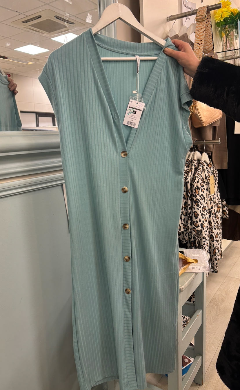 Ribbed Button-Front Dress – Sage