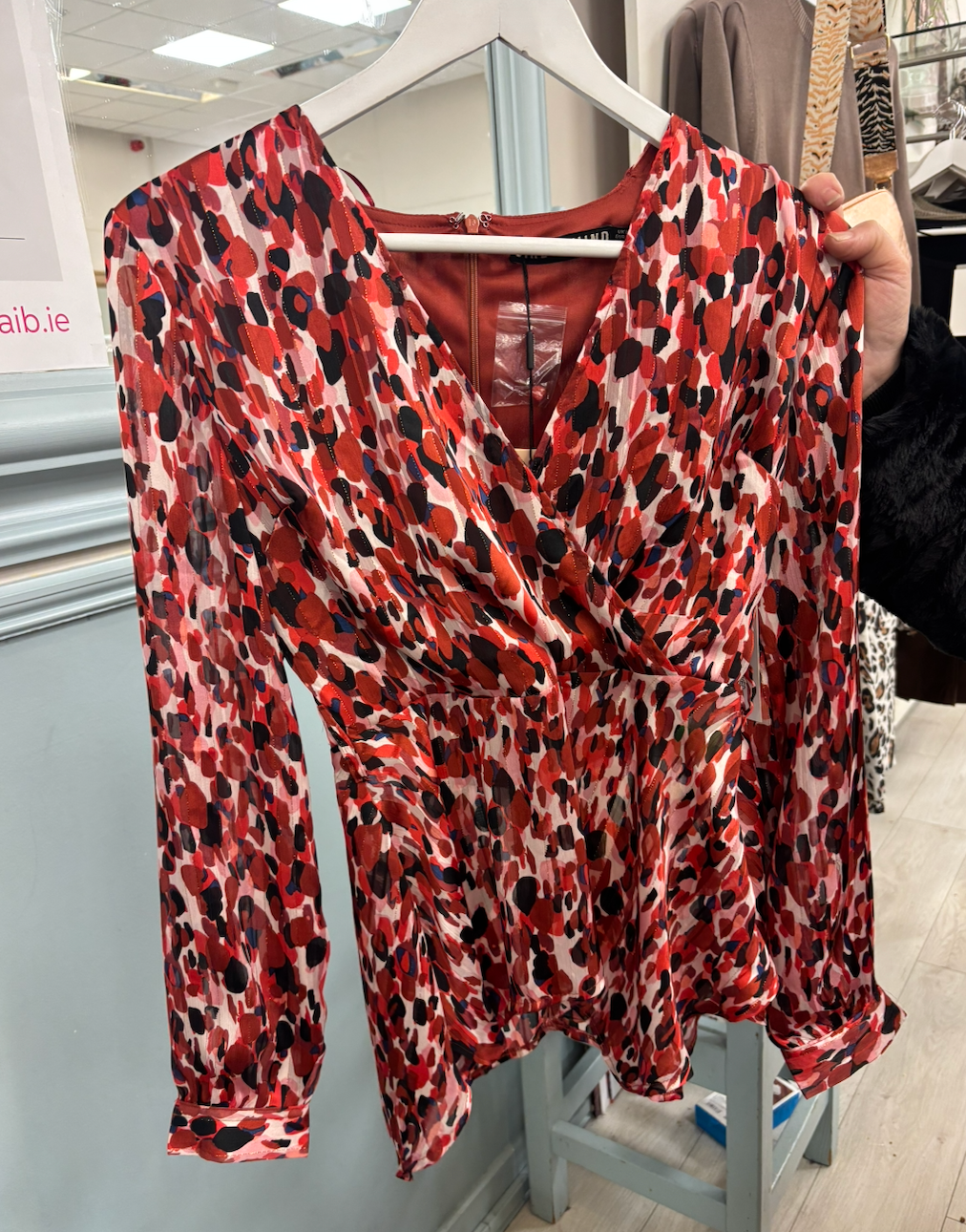 Abstract Print V-Neck Blouse – Red