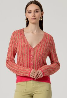 Surkana Button V Neck Cardigan - Green/Coral Mix