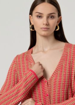 Surkana Button V Neck Cardigan - Green/Coral Mix