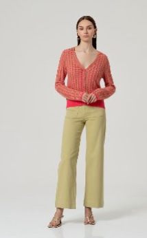 Surkana Button V Neck Cardigan - Green/Coral Mix