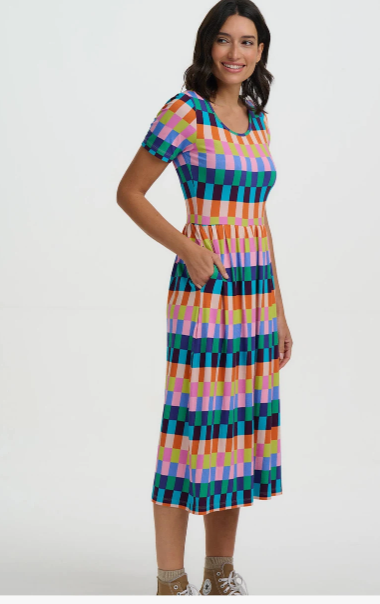 Sugarhill Gina Jersey Midi Dress - Multi Puzzle Stripe.