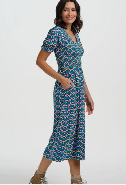 Sugarhill Daphne Shirred Jersey Midi Dress - Navy Kaleidoscope Daisy.