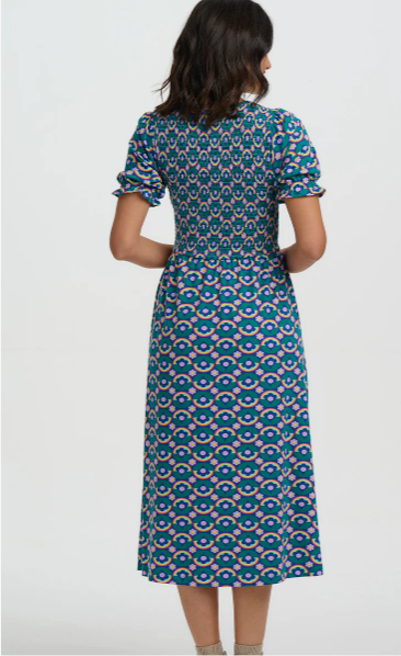 Sugarhill Daphne Shirred Jersey Midi Dress - Navy Kaleidoscope Daisy.