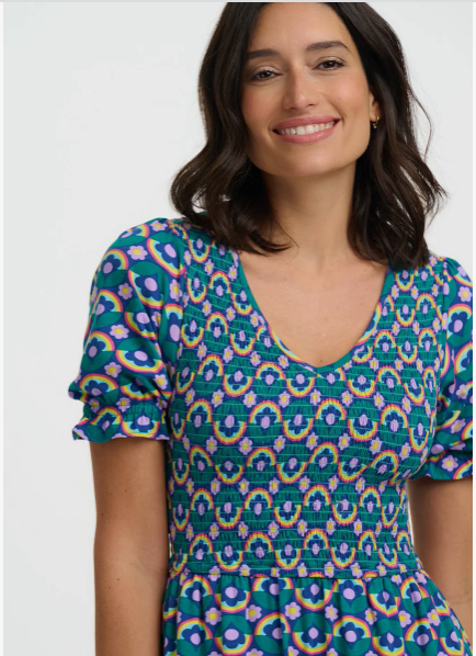 Sugarhill Daphne Shirred Jersey Midi Dress - Navy Kaleidoscope Daisy.