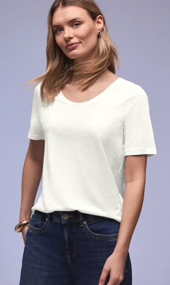 Street One Basic T/Shirt with Rounded V Neck - White