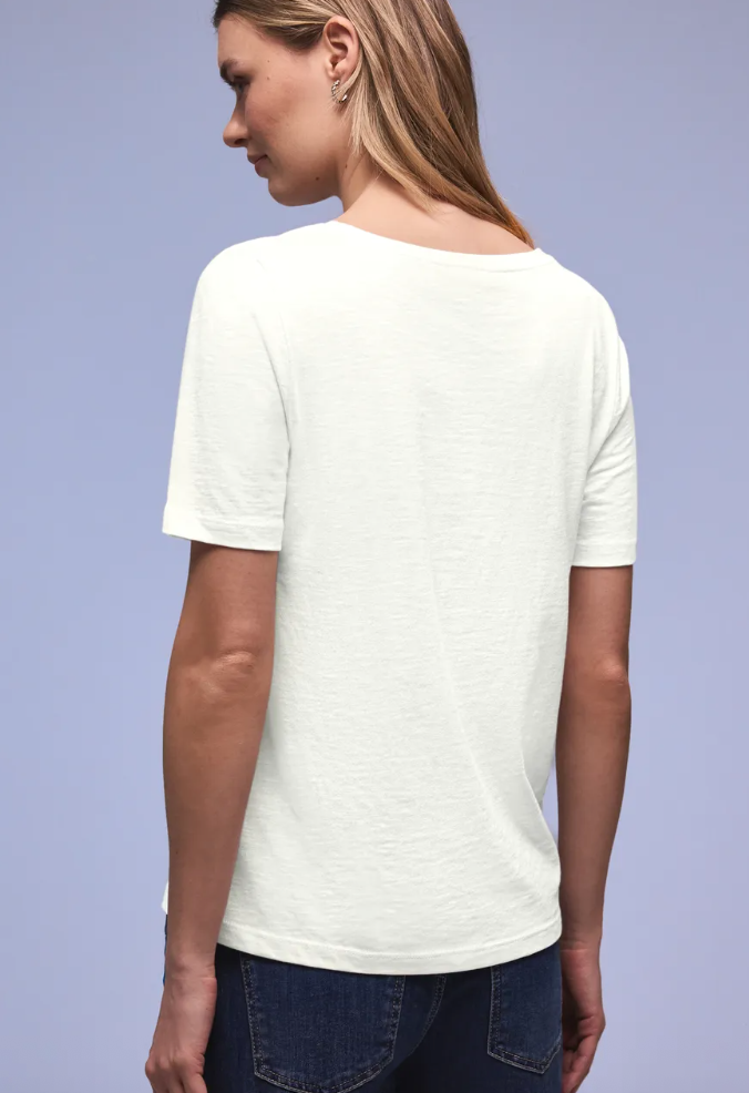Street One Basic T/Shirt with Rounded V Neck - White