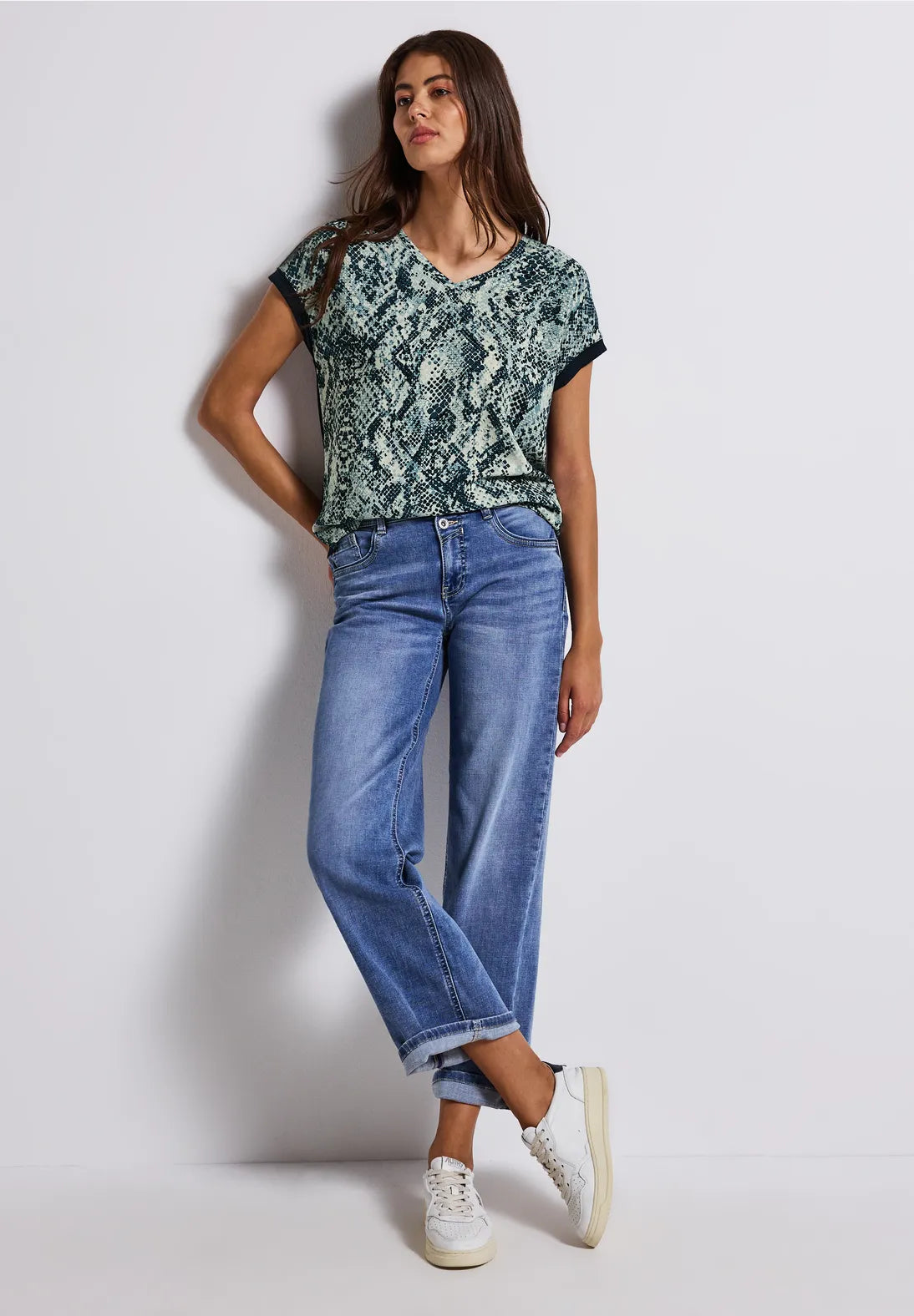 Street One V Neck T/Shirt with Snake Print - Blue Mix