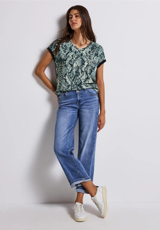 Street One V Neck T/Shirt with Snake Print - Blue Mix