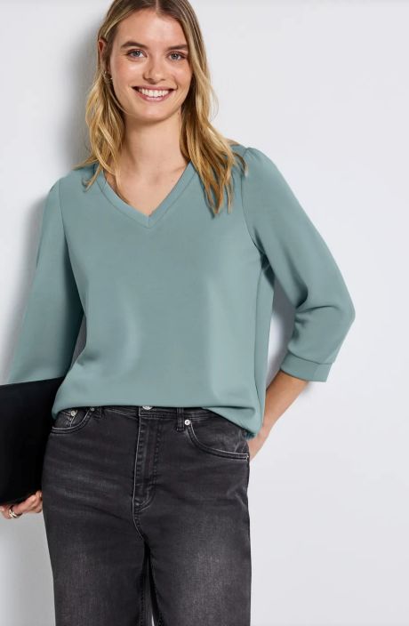 Street One V Neck Silk Look Shirt with Gathered Shoulder