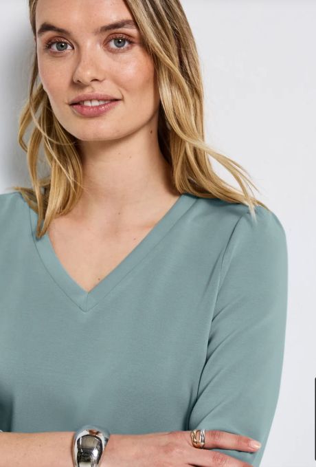Street One V Neck Silk Look Shirt with Gathered Shoulder