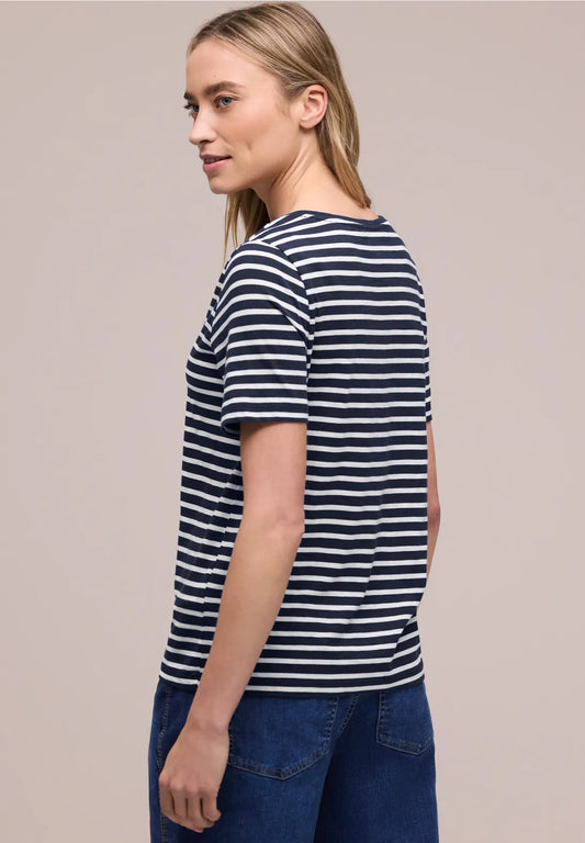 Street One Round V Neck T/Shirt - Navy & White Stripes.