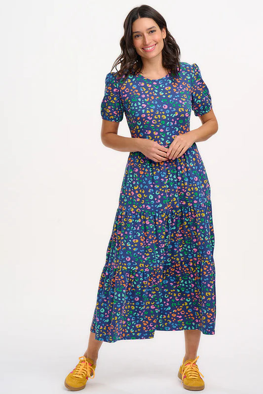 Sugarhill Minerva Jersey Tiered Midi Dress Bright Navy Mottled Leopard