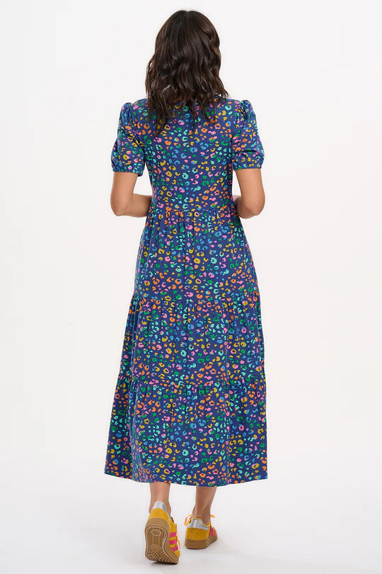 Sugarhill Minerva Jersey Tiered Midi Dress Bright Navy Mottled Leopard