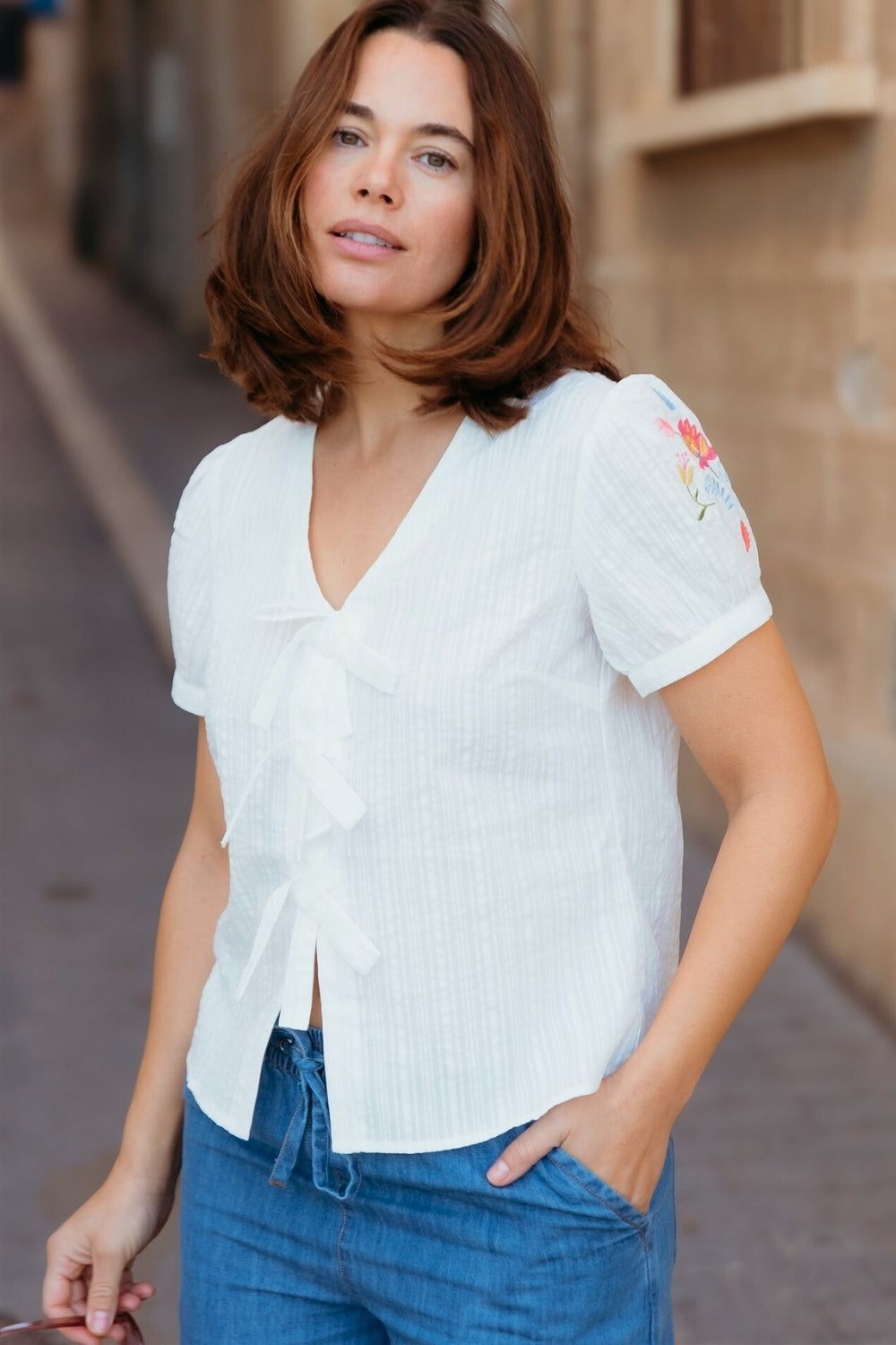 Sugarhill Adaline Bow Top Off White Folk Floral.